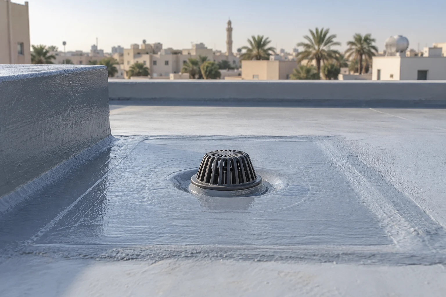 صورة توضيحية مولدة لتفاصيل عزل سطح ومصارفه — بريدة